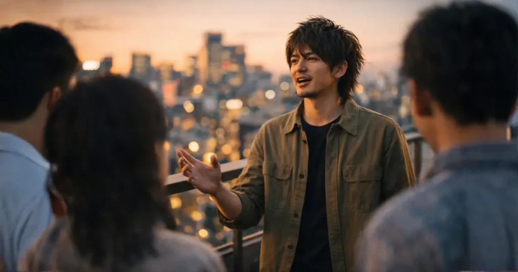 夕暮れの屋上テラスで友人に自分の考えを熱く語る若い日本人男性