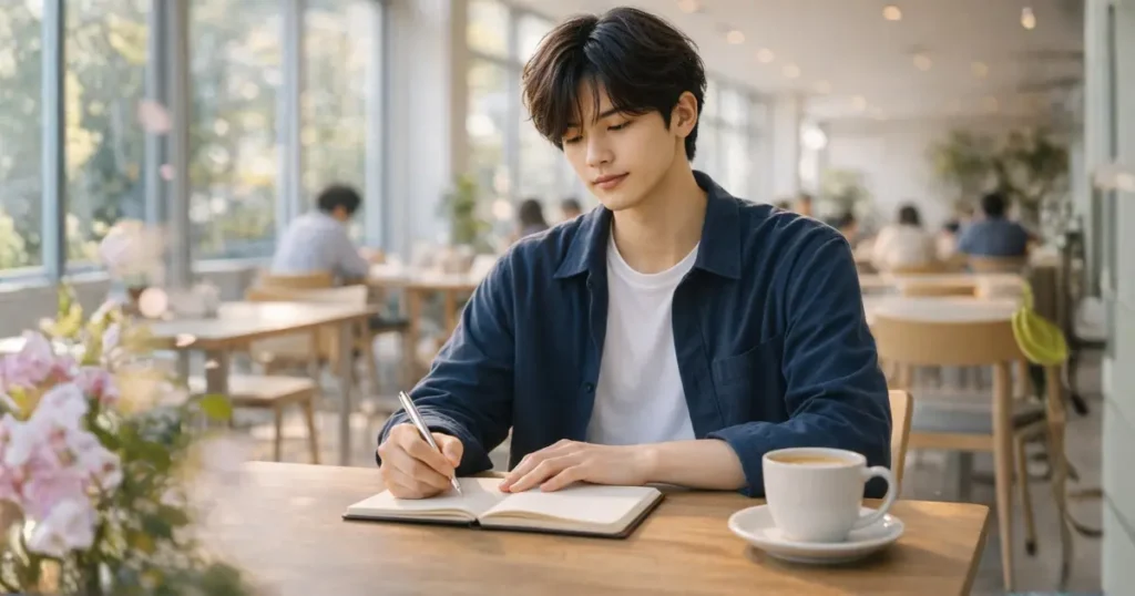 大学の学食でノートに向き合い静かに考え込む今風のヘアスタイルの22歳の日本人男性