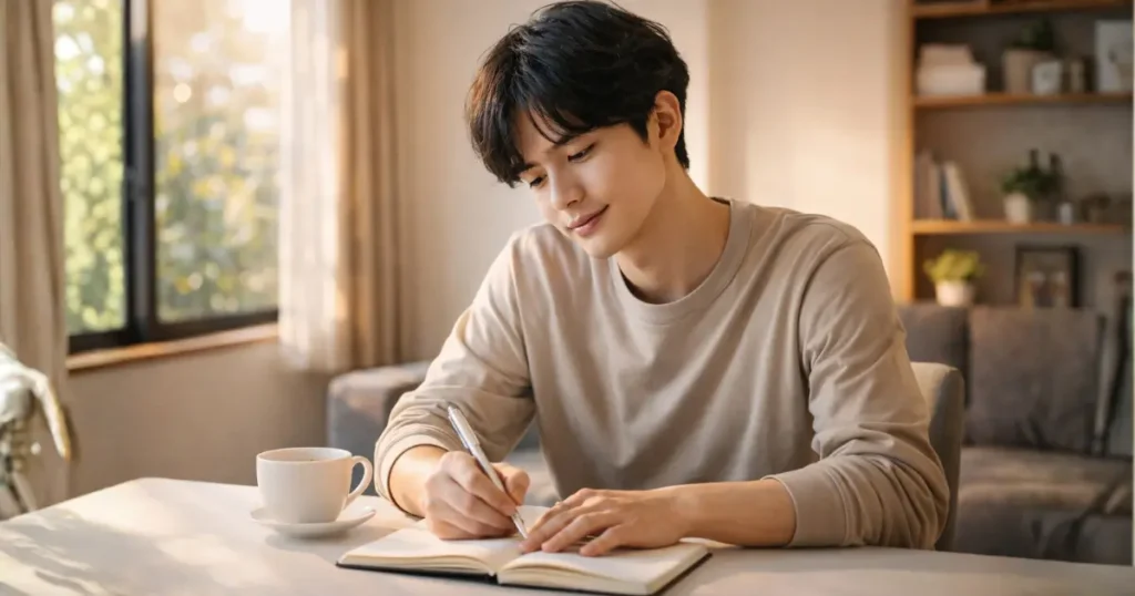 朝の光の中でノートに書き出しをしている穏やかな表情の25歳の日本人男性