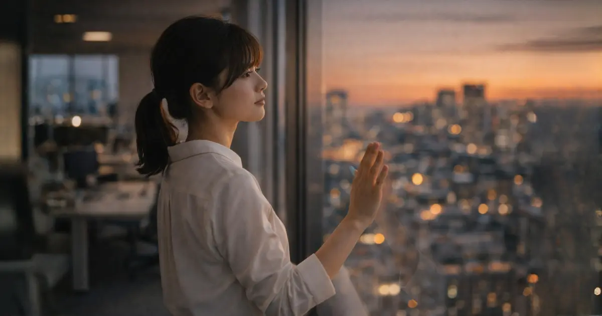 夕暮れのオフィスで窓越しに街を見つめながら決意を固める若い女性社会人