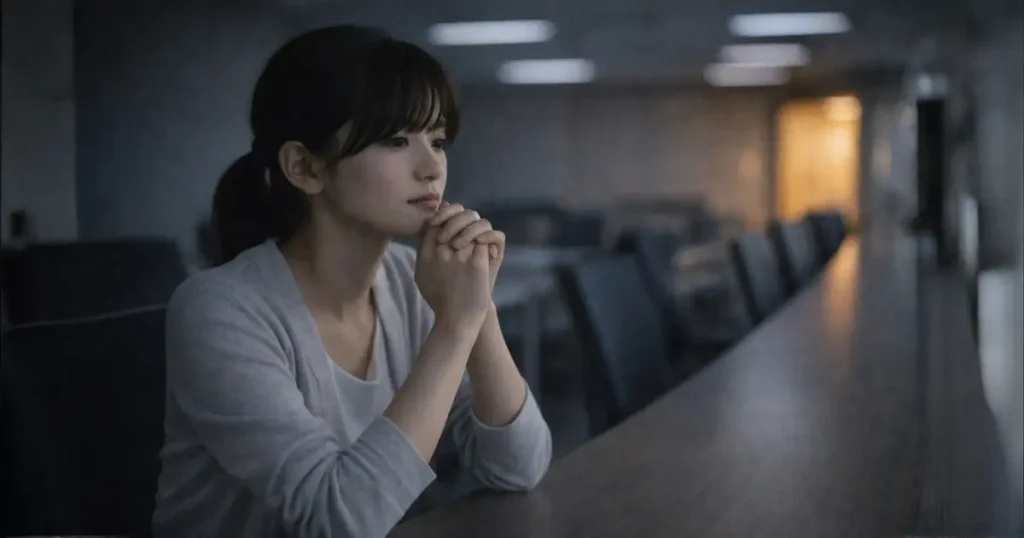 会議室でひとり残り疲れた表情で考え込む若い女性社会人