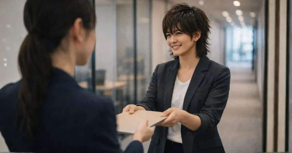 オフィスの廊下で同僚に書類を渡しながら笑顔で会話する若い日本人女性