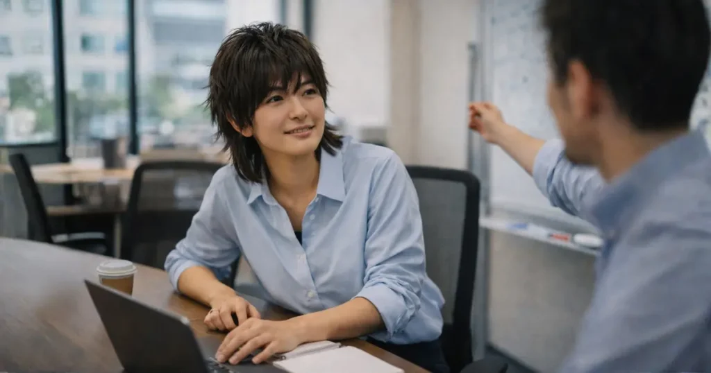 会議室で同僚の説明に耳を傾け協力の大切さに気づく若い日本人女性