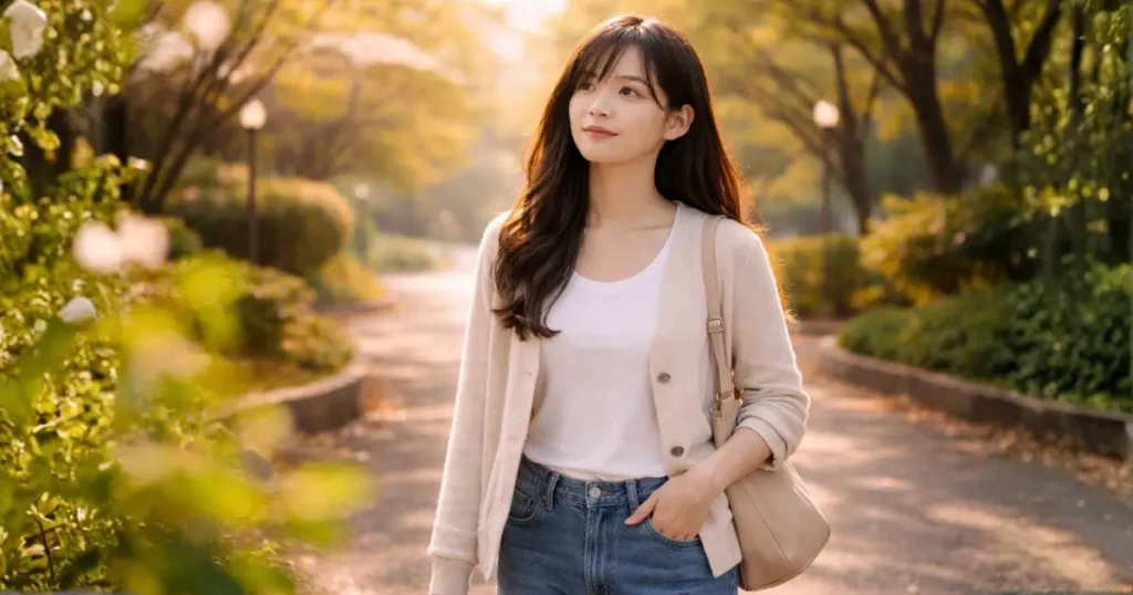 朝の並木道を穏やかな表情で歩くロングヘアの22歳の日本人女性