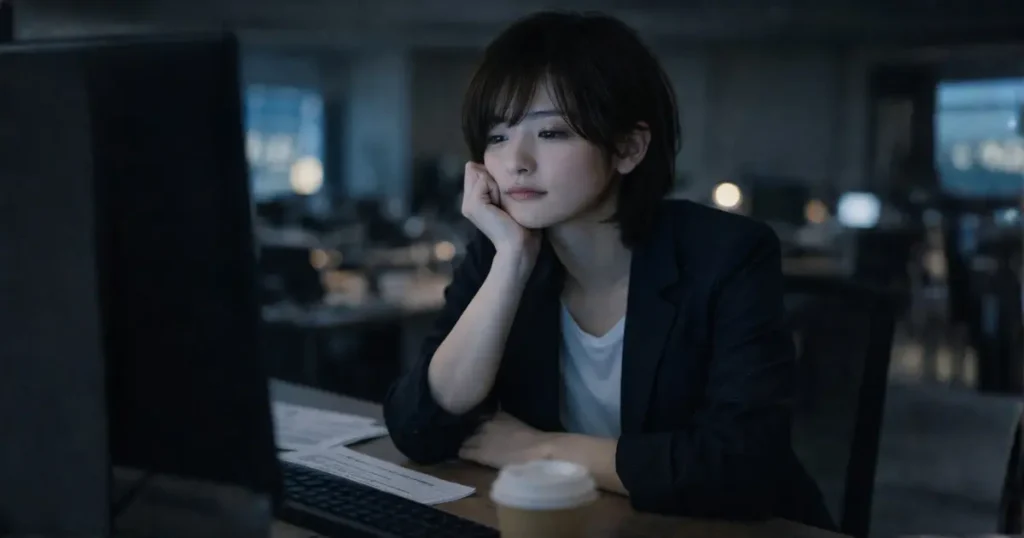 残業後のオフィスでパソコンの前で物思いにふける若い日本人女性