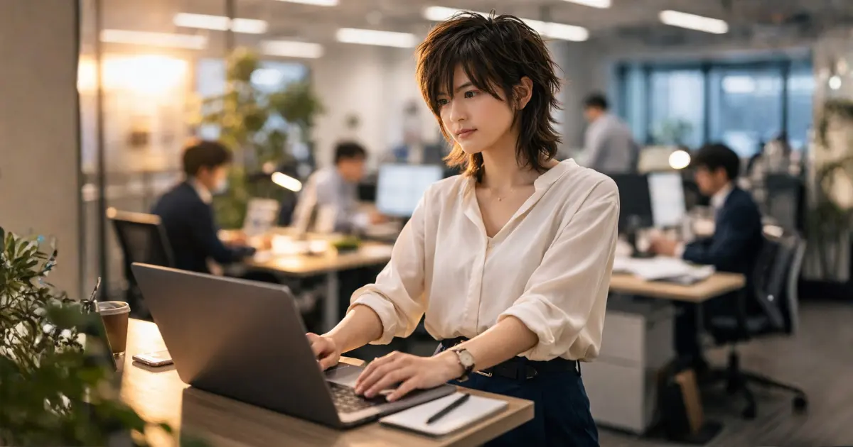 オフィスのスタンディングデスクで悩みながらも前を向く若い日本人女性