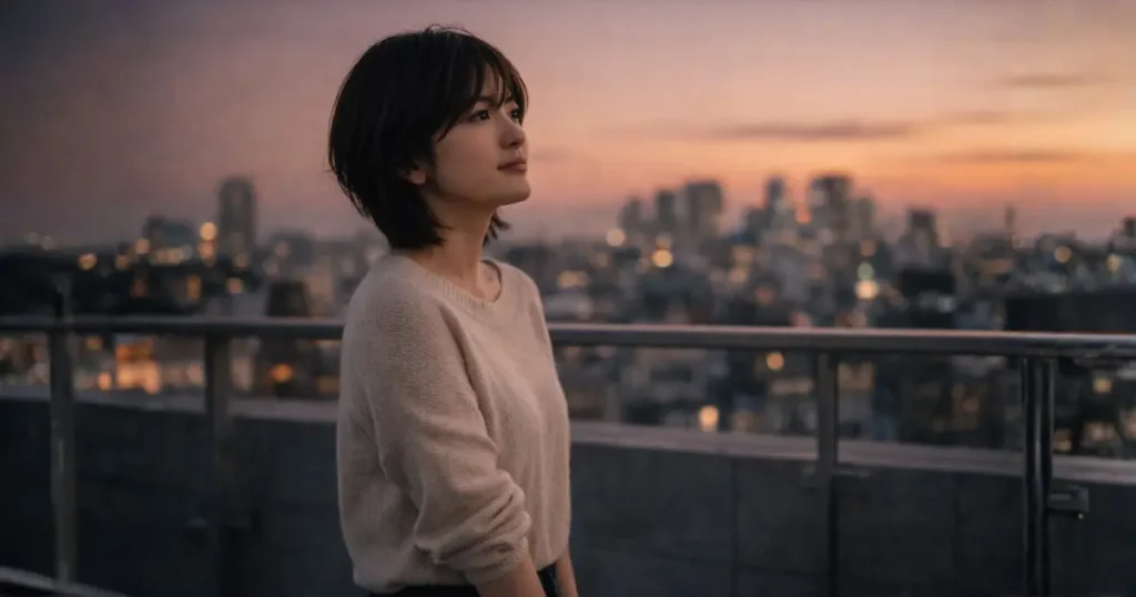 夕暮れの屋上テラスで空を見上げる物思いにふける若い日本人女性