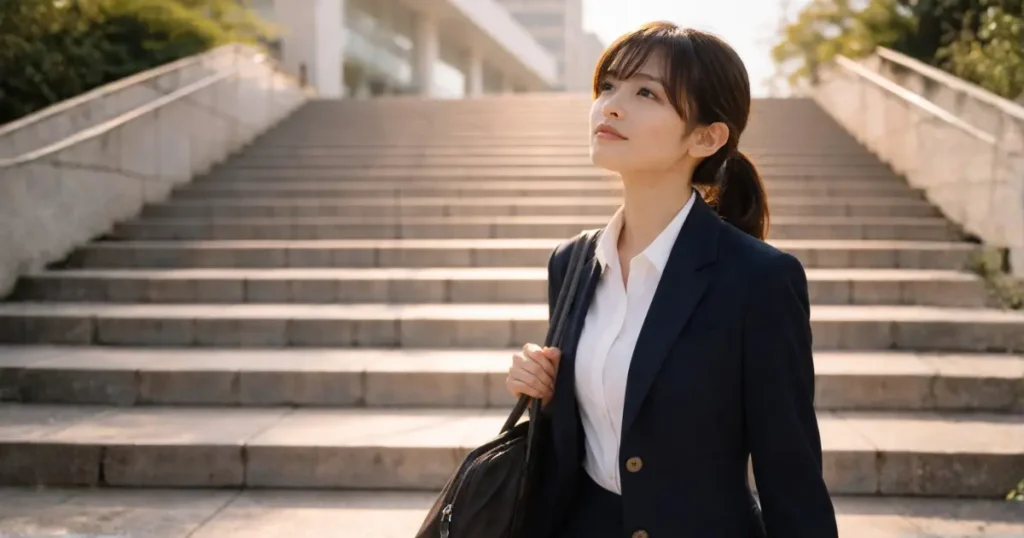 朝の光の中で階段を見上げ新しい一歩を踏み出そうとする決意の表情の若い女性