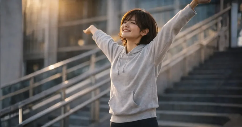 朝の光の中で屋外階段でストレッチしながら前向きな表情を見せる若い日本人女性