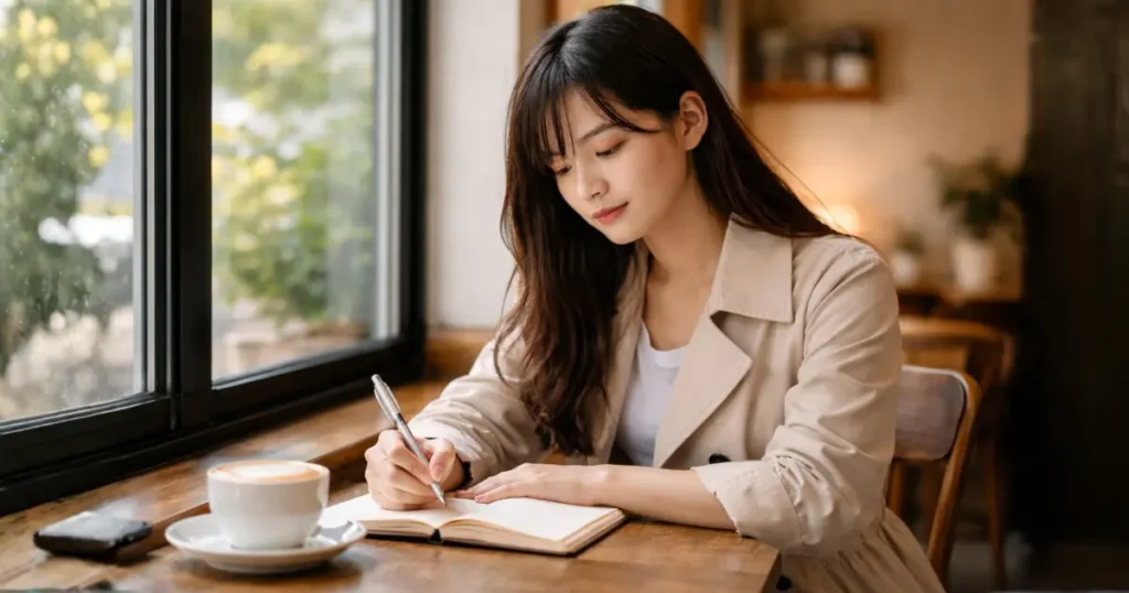 カフェの窓際でノートに書き込みをするロングヘアの22歳の日本人女性