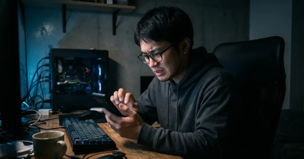 暗い部屋でSNSの削除画面を見つめる若い男性