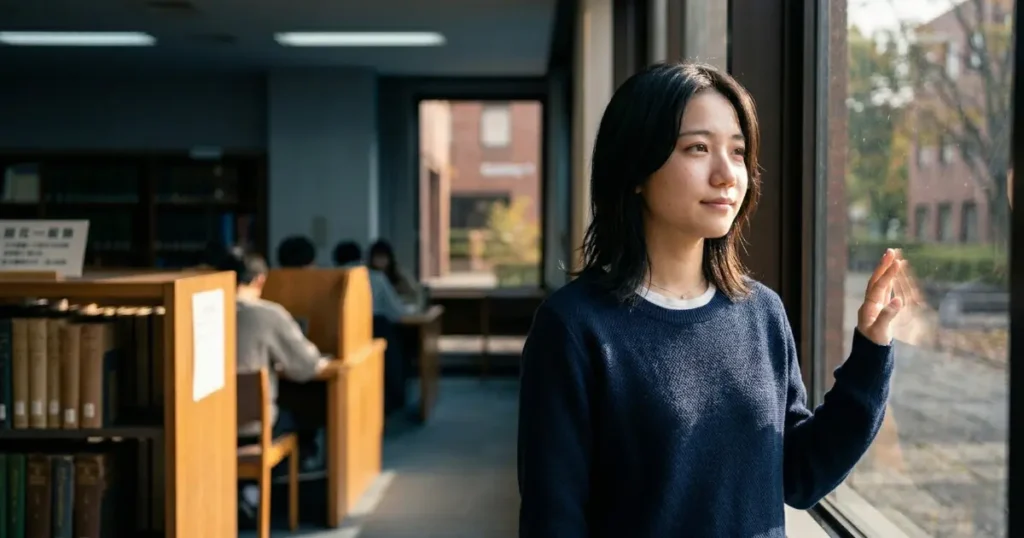 図書館の窓辺で穏やかな表情を浮かべる大学生の女性
