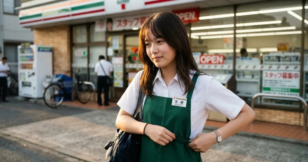 バイト後にエプロンを外しながら考え込む高校生の女性