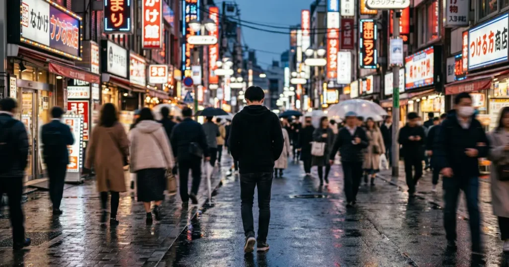 夕暮れの雑踏の中を一人で歩く若い男性の後ろ姿