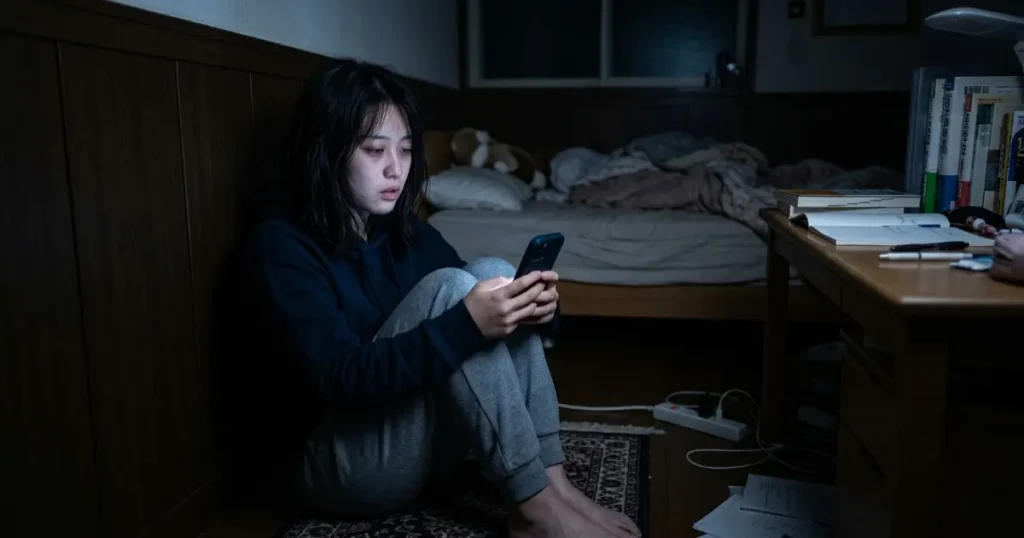 暗い部屋でスマホの光に照らされる女子高校生