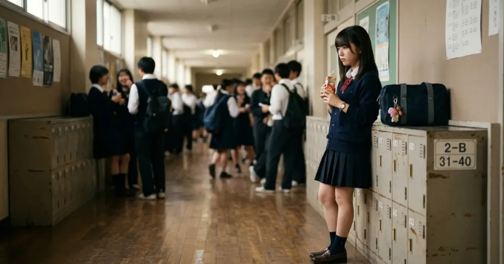 休み時間の廊下でひとり立つ高校生の女性