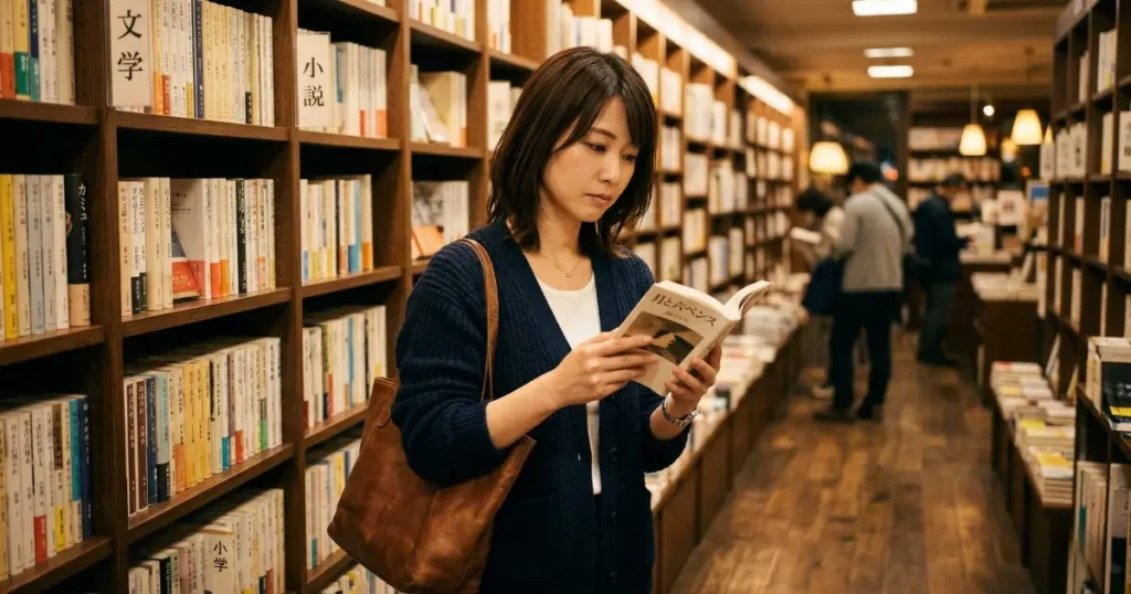 夕方の書店で1冊の本を手に取り、疲れと内省が入り混じった表情の27歳の日本人女性