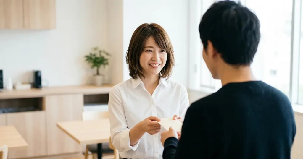オフィスの休憩室で同僚に感謝の手紙を手渡している25歳の日本人女性の笑顔