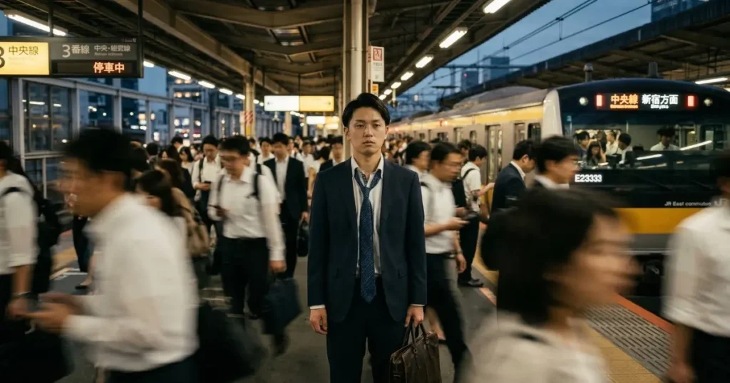 夕方の駅のホームでぼんやりと虚ろな表情で立つ27歳の男性社会人