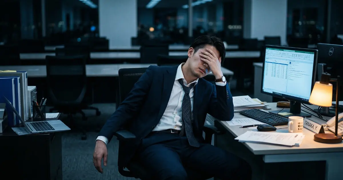 夜の誰もいないオフィスで目を覆い疲れ果てている27歳の男性社会人