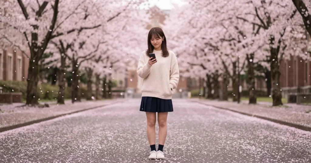 桜が舞う大学キャンパスの道でスマホを見ながらほろ苦い笑みを浮かべる20歳の日本人女子大学生