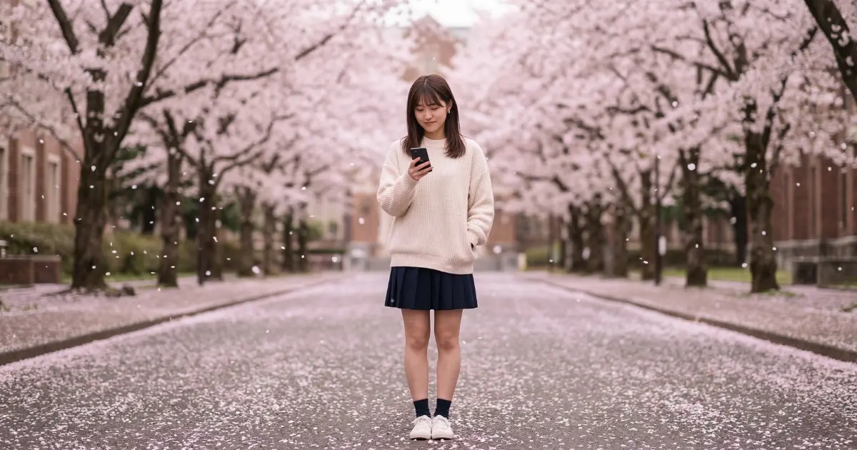 桜が舞う大学キャンパスの道でスマホを見ながらほろ苦い笑みを浮かべる20歳の日本人女子大学生