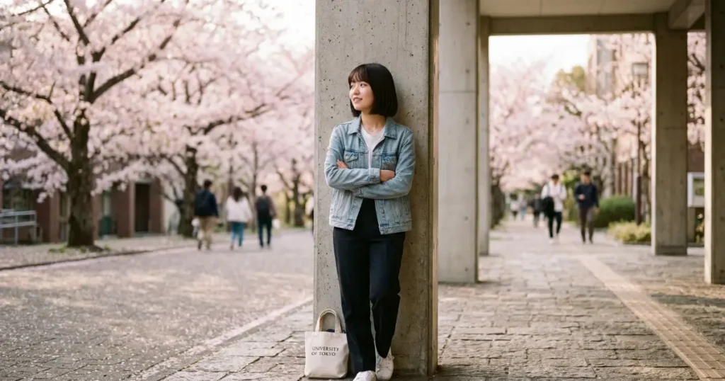 桜が咲き始めた大学キャンパスの廊下で、不安と期待が入り混じった表情の女子大学生