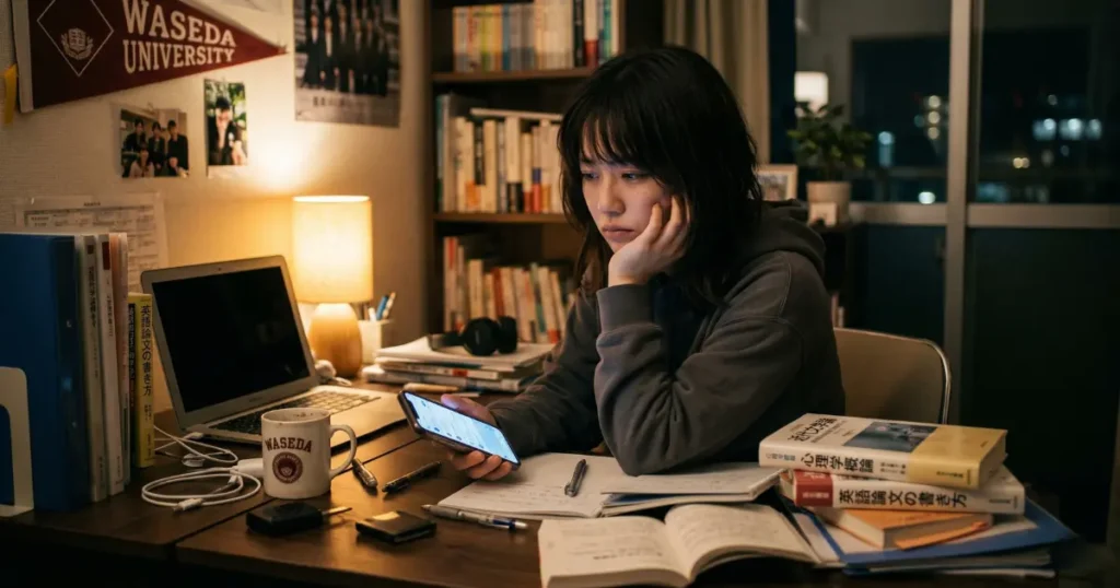 やらなきゃいけないのにスマホを見てしまい自己嫌悪に陥る大学生の女性