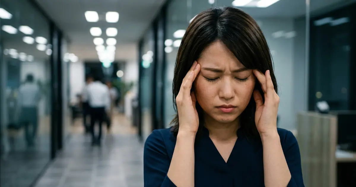 イライラをこらえてこめかみを押さえる新社会人の女性
