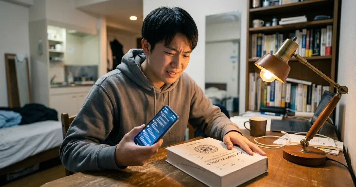 スマホを手にしたまま教科書に手をつけられない大学生の男性