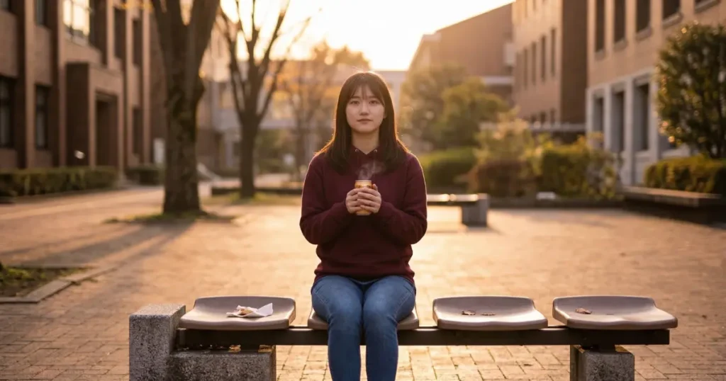 夕暮れの大学中庭で、隣の空席を感じながら穏やかな表情で前を見つめる20歳の日本人女子大学生