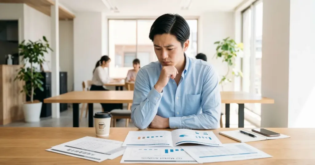 コワーキングスペースで書類を広げ、真剣な表情で計画を見直す27歳の日本人男性会社員