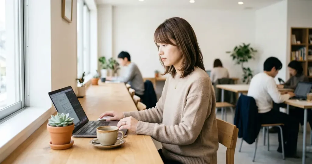 コワーキングスペースのカウンターでパソコンに向かい、落ち着いた集中力を見せる27歳の日本人女性