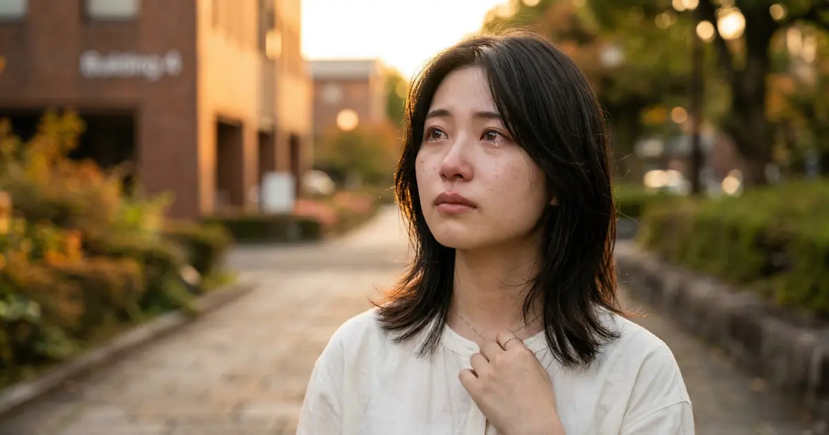 涙をこらえながら前を見つめる大学生の女性