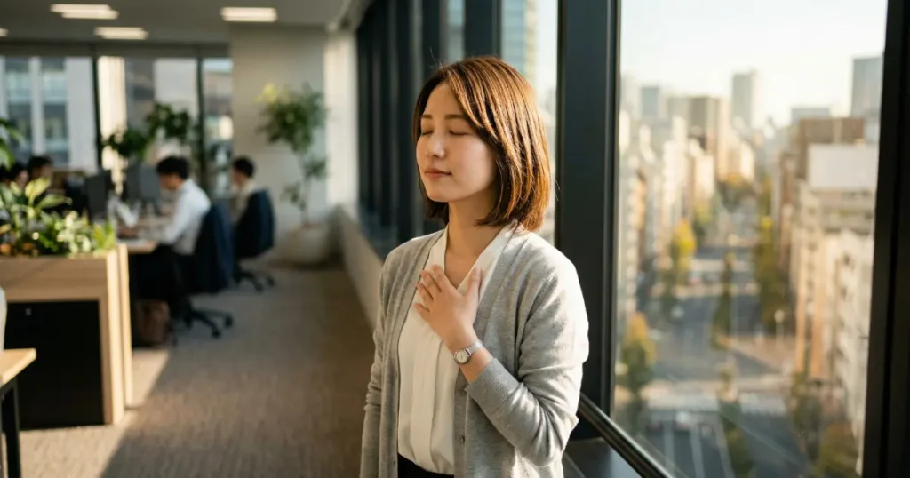 窓辺で深呼吸をして感情を落ち着かせる新社会人の女性