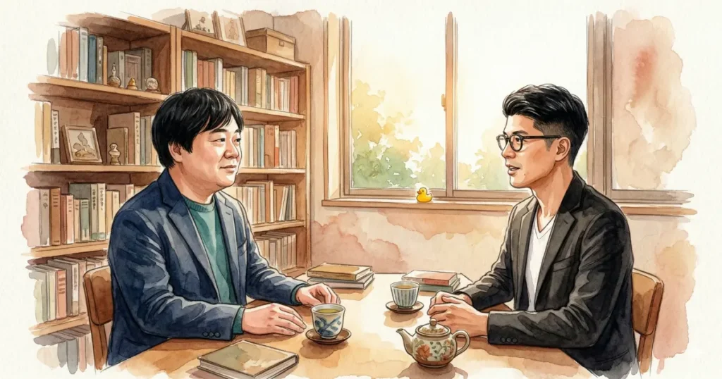 温かい雰囲気の中で語り合う二人の教育者の水彩画