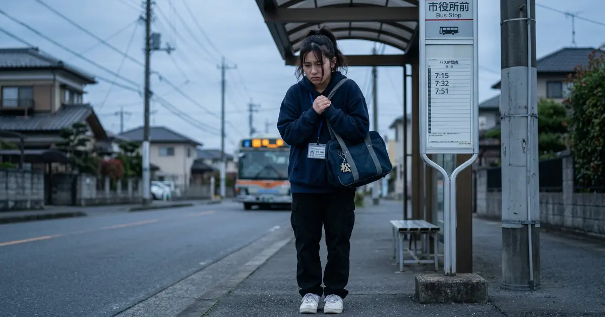 バイトに行きたくない気持ちを抱えてバス停に立つ高校生の女性