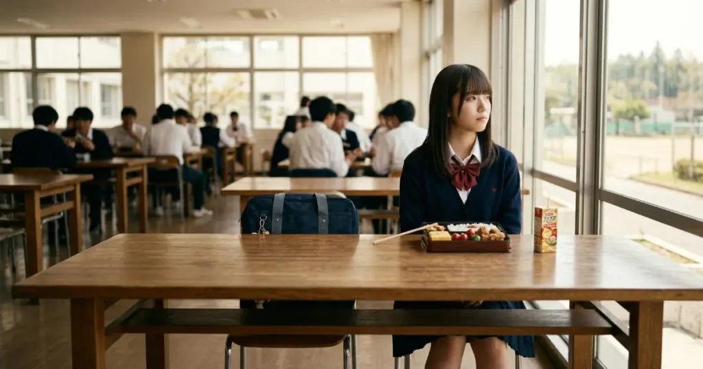 学食でひとりお弁当を食べる高校生の女性