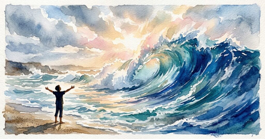 感情の大波に向き合う人のシルエットを描いた水彩画