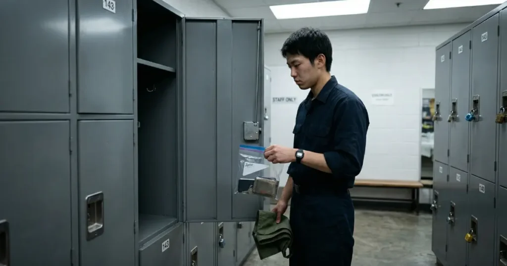空っぽのロッカーの前で立ちすくむ若い男性