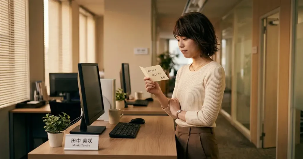 退勤後のオフィスで手書きのカードを見つめ、感謝の気持ちを思い返している25歳の日本人女性
