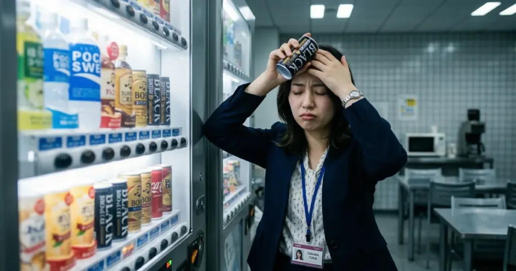 休憩室で缶飲料を額に当てて疲労と葛藤を抱えている27歳の女性社会人