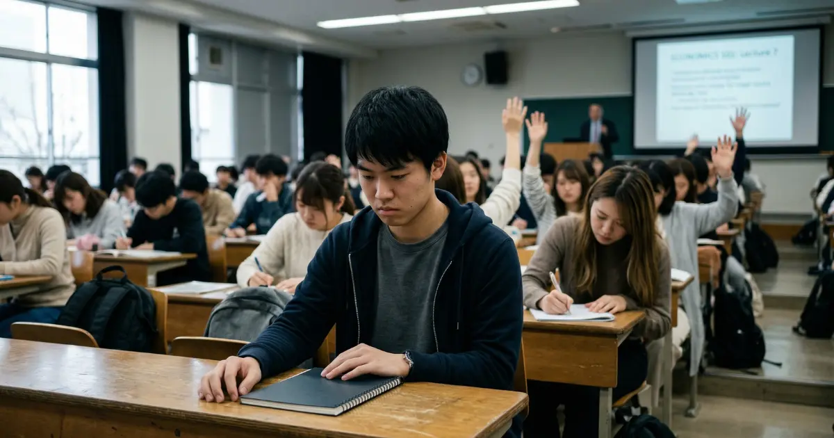 講義室で周りが活発に動く中、一人俯く若い男性