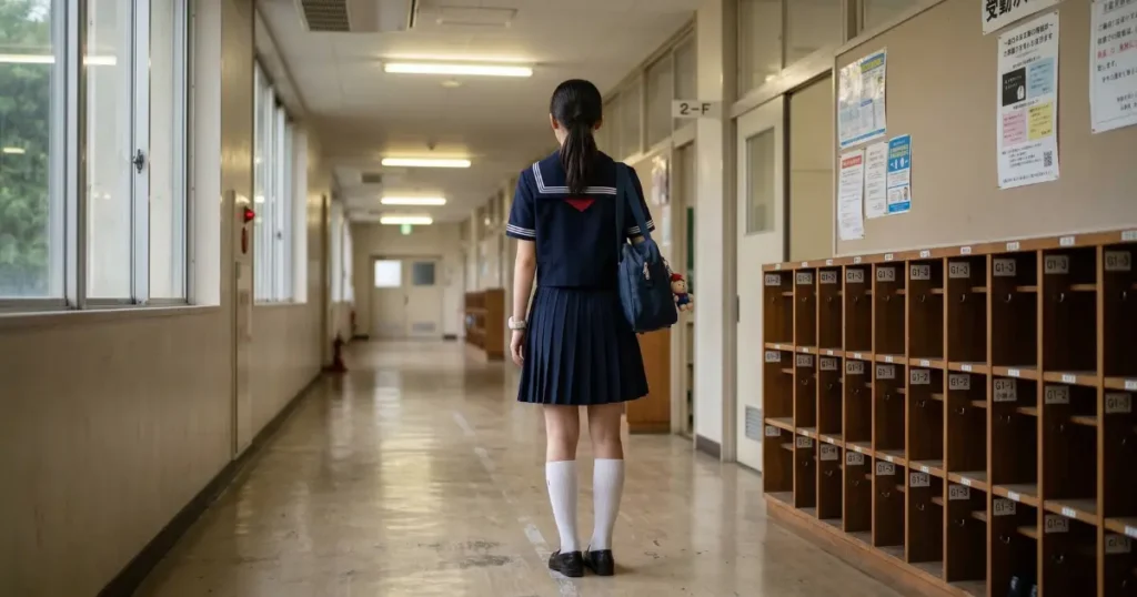 学校の廊下で立ちすくむ女子高校生の後ろ姿