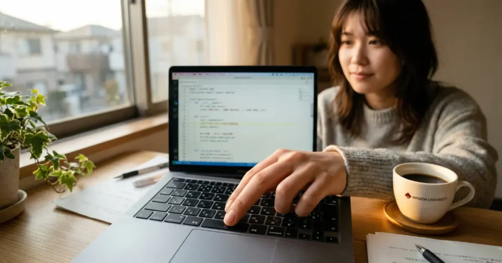 小さな一歩としてキーボードに指を置く大学生の女性