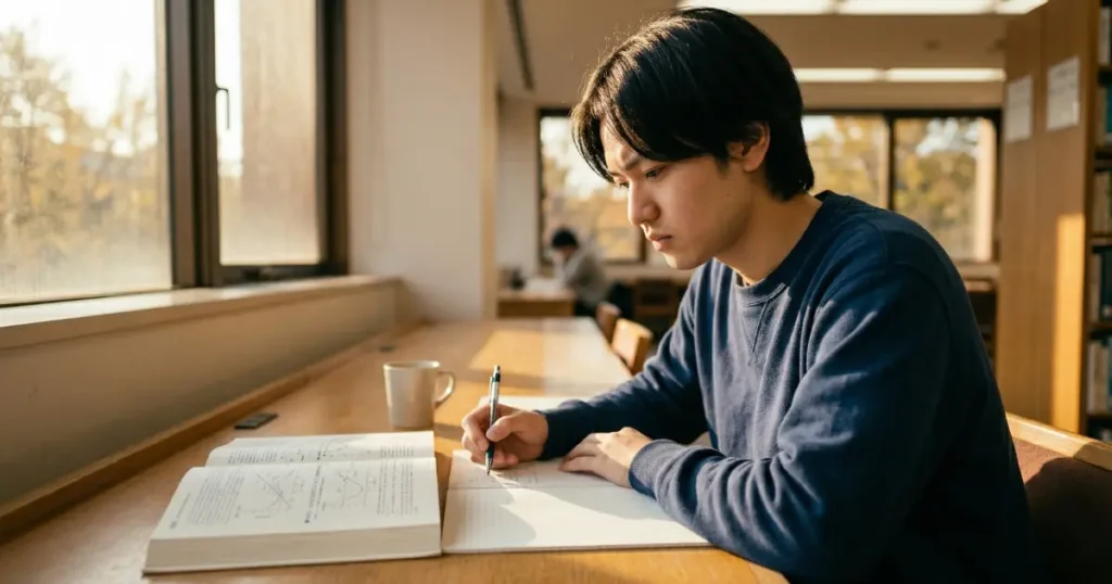 スマホを別の場所に置いて集中して勉強する大学生の男性