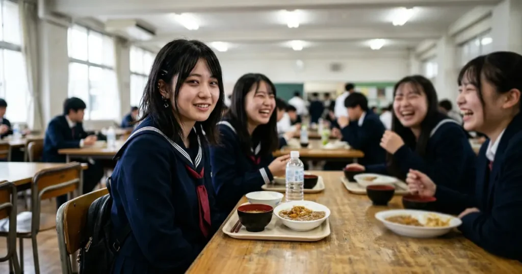 友人グループの中で作り笑いをする女子高校生