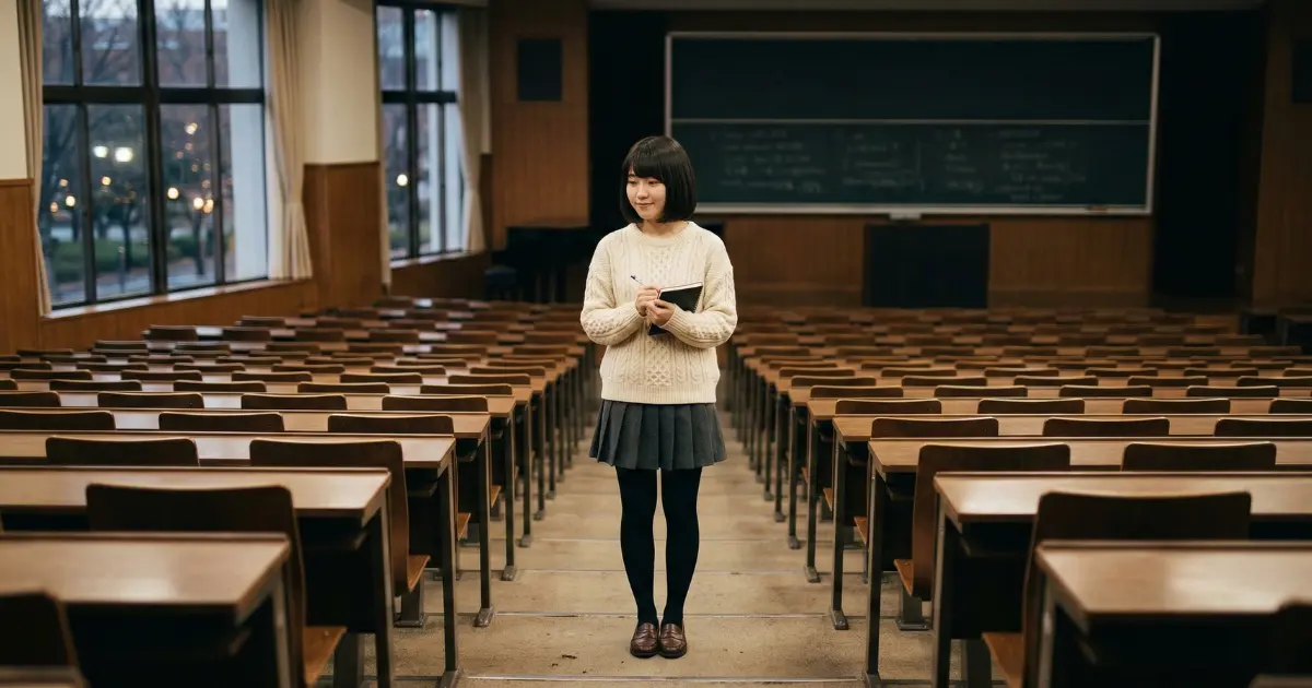最後の授業が終わった空っぽの大学の講義室で、物思いにふける20歳の日本人女子大学生
