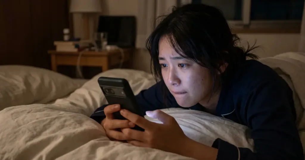 夜ベッドでLINEの返信に悩む女子高校生