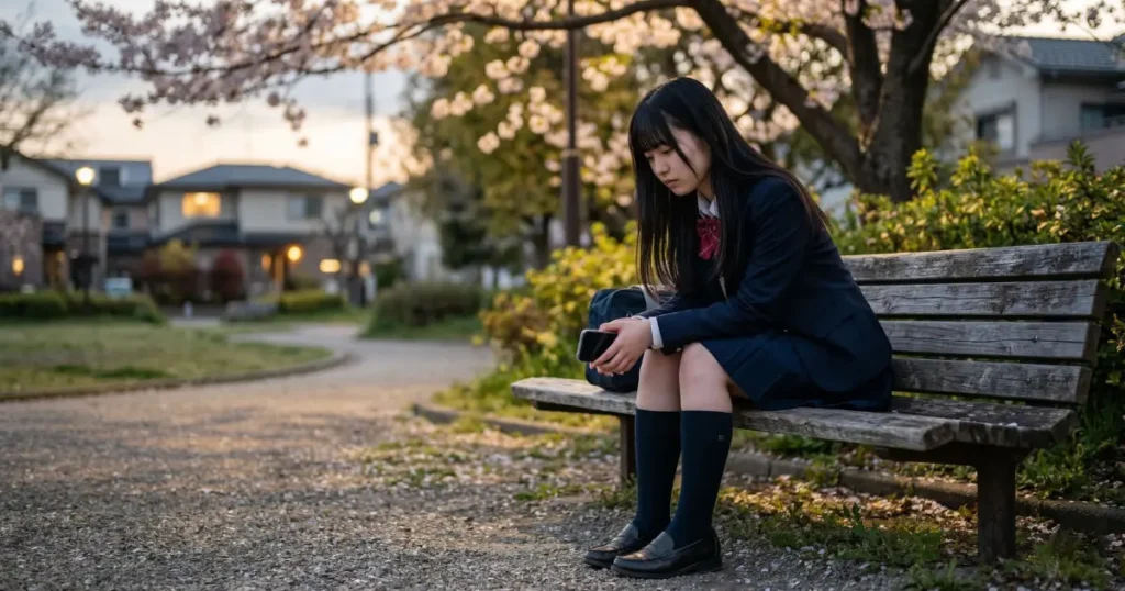 夕暮れの公園のベンチで親の期待と自分の気持ちのあいだで葛藤する18歳の女子高校生